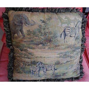 Vtg Newport Tapestry Square 16x16 Pillow Safari Elephant Zebra Fringe Reversable